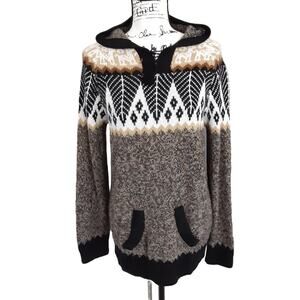 Vintage Peruvian Alpaca Sweater Hooded Pullover Aztec Black Nordic Fair Isle